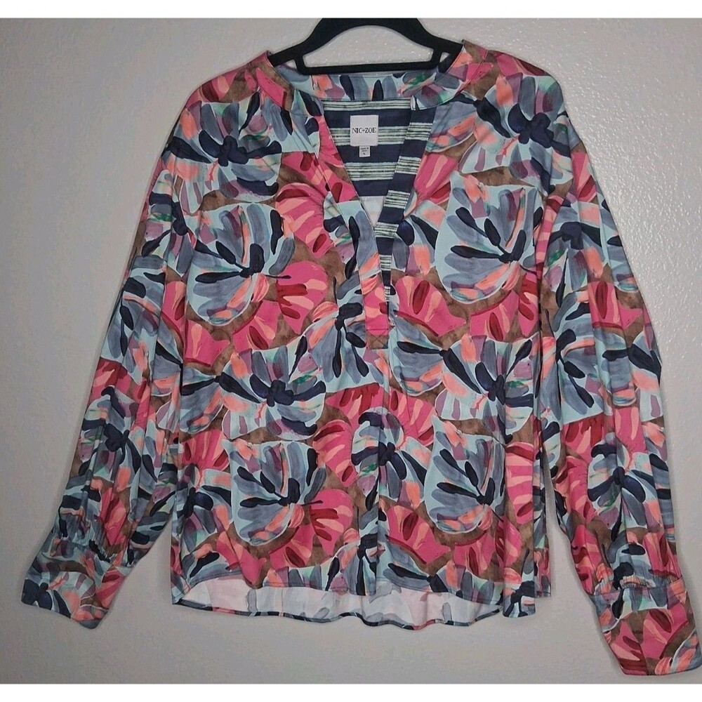 NIC+ZOE Abstract Floral Leaf Pink Popover Blouse Long Sleeve Colorful Sz L